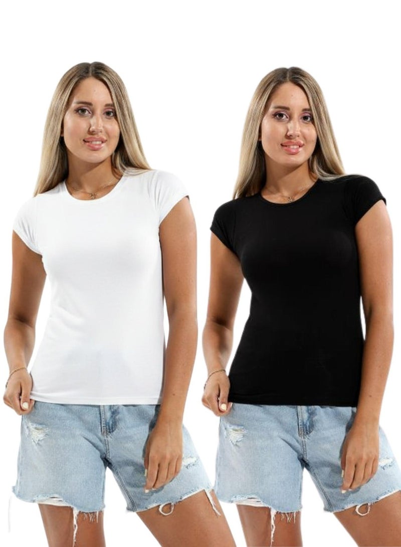 Cottonil Pack of 2 Women's Round Neck Short Sleeve Cotton Body Top - Image 1